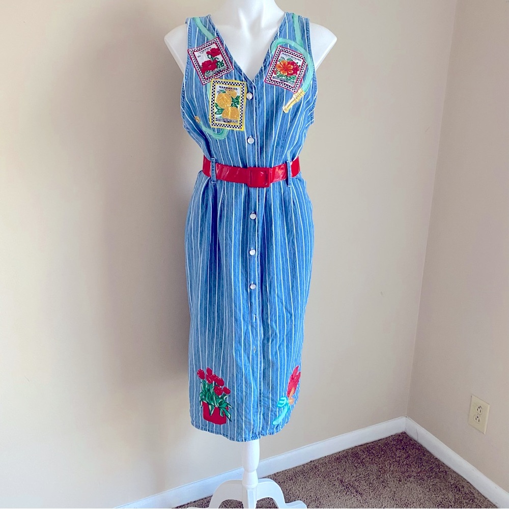 Vintage Denim Sleeveless Dress Midi Front Button Denim Flower Garden  M